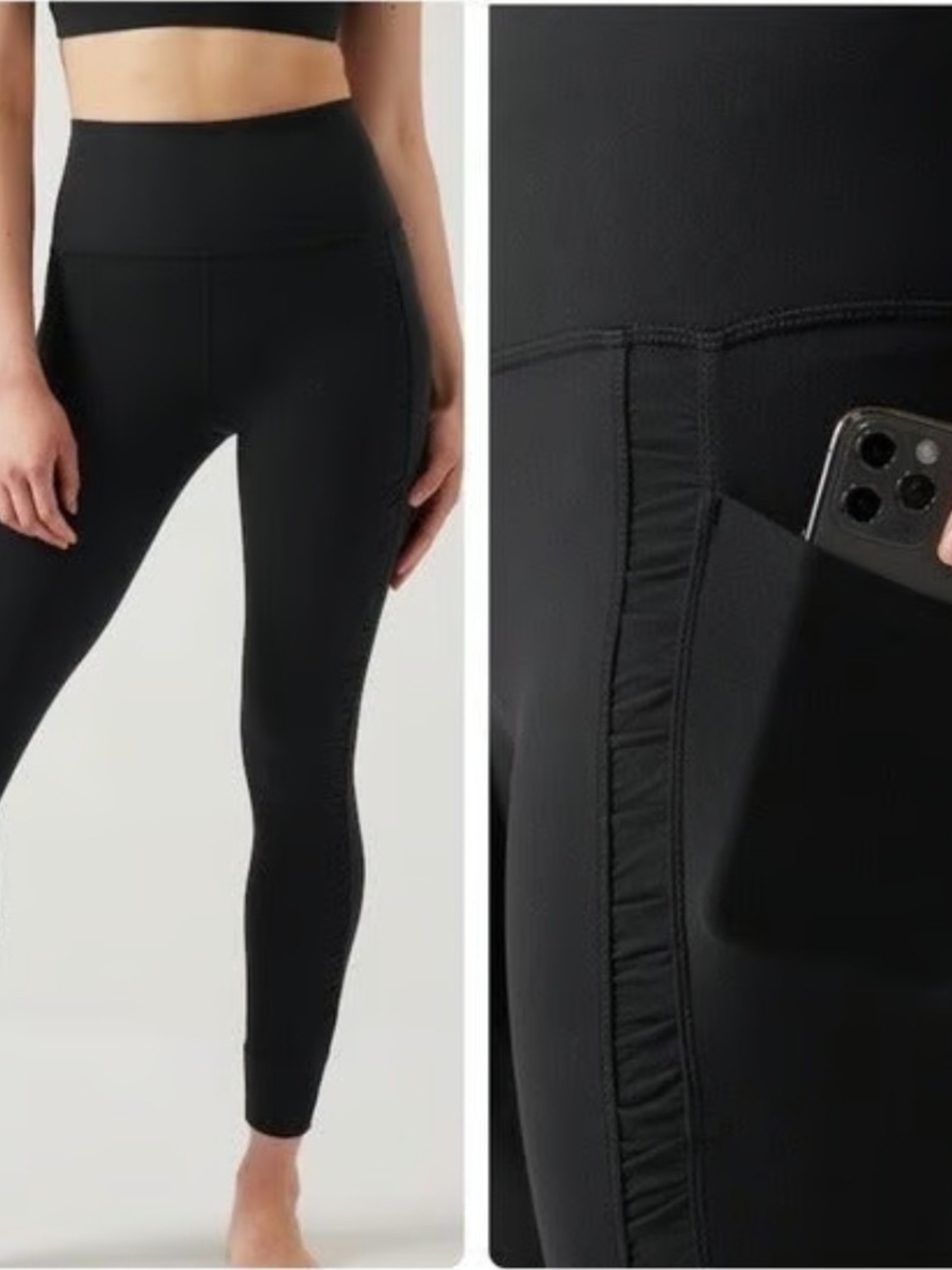 Athleta Salutation Stash II Ruch Craft 7/8 Tight in classic Black, size Small.